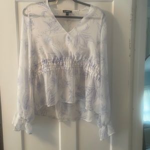 Size large. Express brand long sleeve white and blue sheer dress top.
